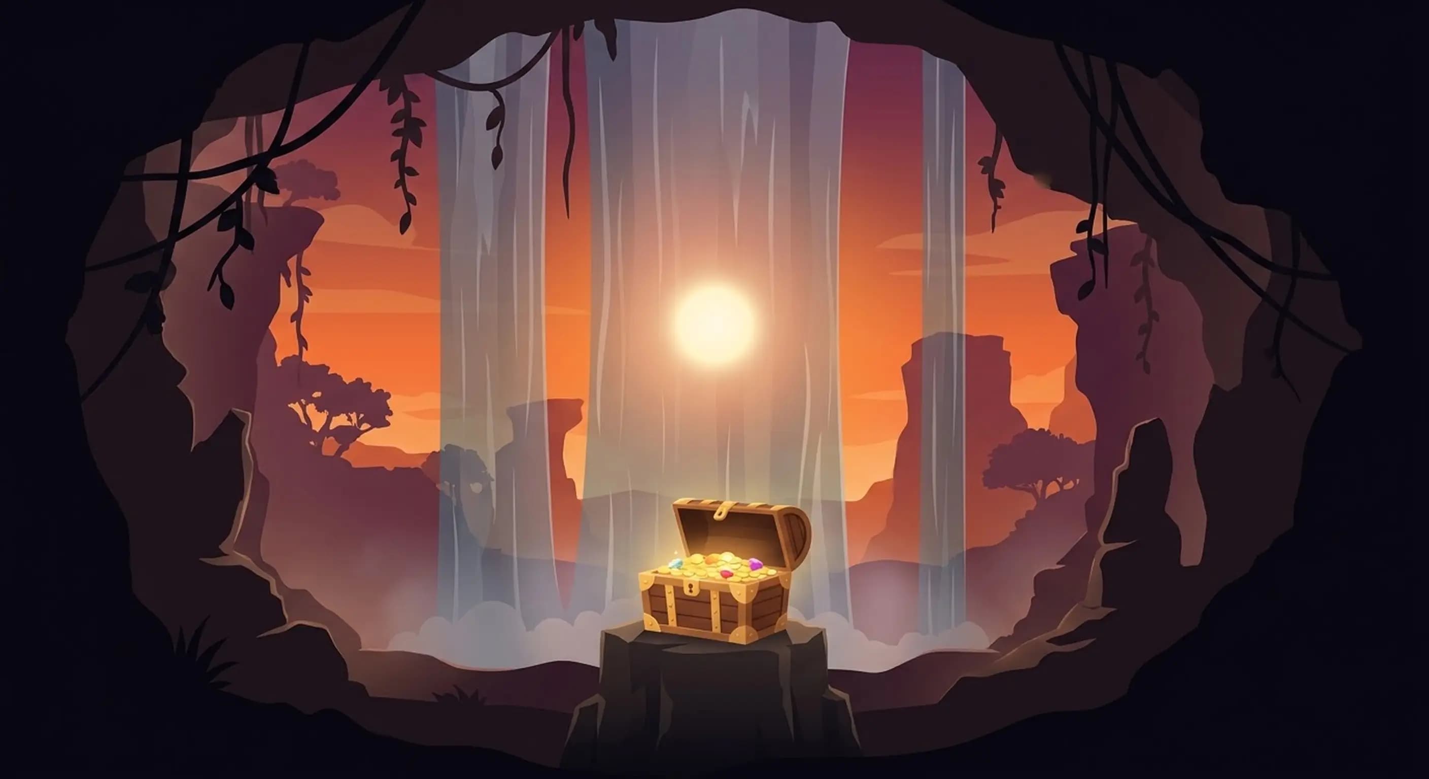 Glowing treasure chest inside a cave